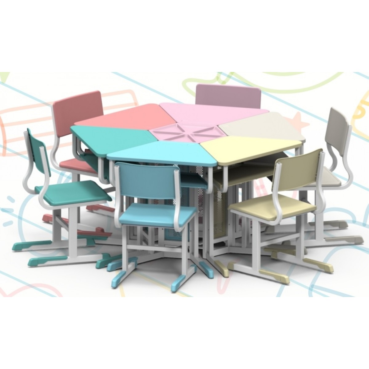 CONJUNTO TRAPÉZIO INFANTIL EM RESINA PLÁSTICA DE ALTO IMPACTO COM 06MESAS, 06 CADEIRAS E MESA CENTRAL.